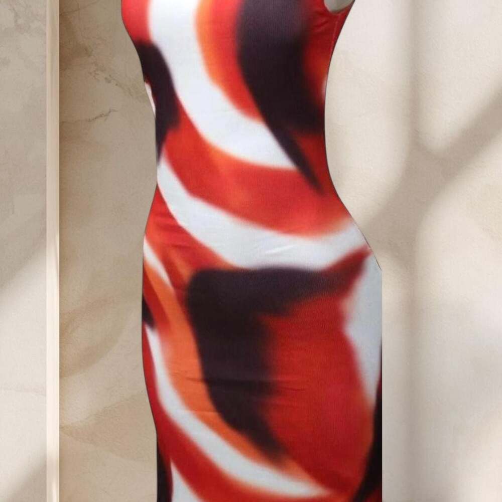 Red Abstract Print Maxi Dress – One Shoulder Bodycon Stretch Sexy Statement ✧ L - Picture 2 of 4